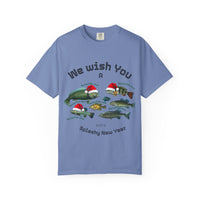 Load image into Gallery viewer, We Wish You Merry Fish-mas and a Splashy New Year Fish Illustration T-shirt | Holiday Fishing

